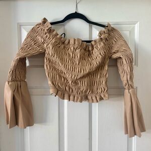 Missguided Tan Leather Long Sleeve Off the Shoulder Top